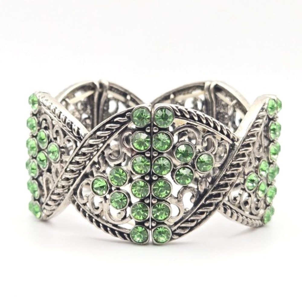 Silver Tone Filigree Cuff Bracelet Lime‎ Green Rhinestone Stretch Bangle